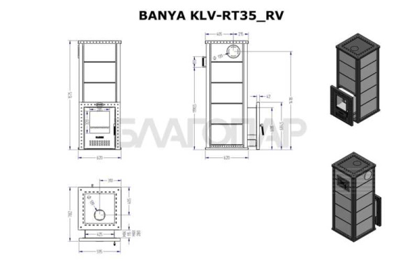 «Дровяные печи для бани и сауны Klover KLV-RT-35RV  талькомагнезит Радиатор - Техническая схема печи | БлагоПар» – 4